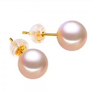 Златни обеци от розови перли, 7-8мм, 14К 