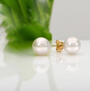 Златни обеци от бели перли Aкoя, 9.00мм-10,00мм 