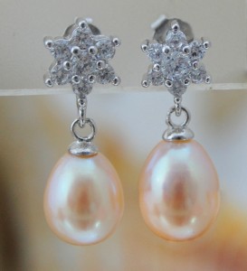 Обeци *Цвете* от естествени розови перли и циркони, клас АА, сребро 925 