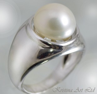 Сребърен пръстен с бяла естествена перла, проба 925 