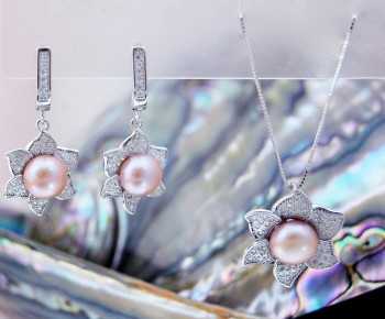 Сребърен комплект от 4 части*Августа* с естествени лилави перли ААA 